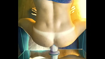 Riding Against Mirror Wall In Tanktop, Stockings And Tan Line