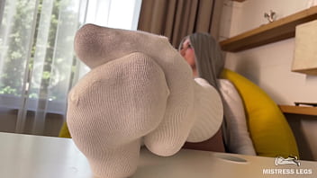 Goddess Foot Teasing In Cute White Knee Socks On The White Table
