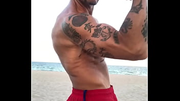 Bicep Flexing At The Beach - pornstar, tan, tattoo, fit, muscles, ripped, flexing, abs, bicep - Video 249625