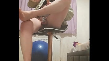 Cock Cage Dildo Fucking, Bra And Skirt