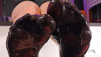 Mistress Legs With Dirty Chocolate Nylon Soles Closeup Squeeze Strawberry Juice