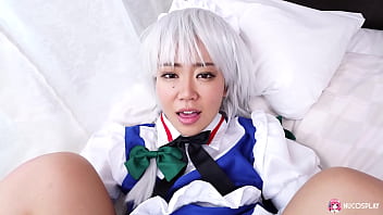 Sexy Asian Slutty Girl Anna Saotome Fucks With Sex Toy On The Bed In Costume.