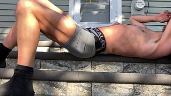 Strip And Stretch On Steps In Tight Boxers And Groin Brace Preview