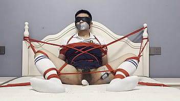 Asian Boy Tied To The Bed, Plugged By Dildo And Vibrated To Cum
