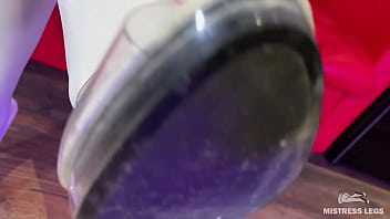 Goddess In White Nylon Thigh-high Socks Dangles Shoe On Her Foot