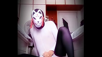 White Silk Masked Fox Sex Slave Is Wrapped In Stockings And Masturbates