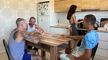 Lost His Young Wife At Cards. Stretched Her Tight Pussy Right On The Kitchen Table