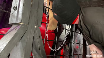 Obedient Slave In A Cage Sucks And Licks Mistress High Heels And Nylon Soles