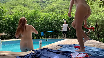 Natasha And Megan Go Out To Tan While The Guy Cleans The Pool And Then Swim Naked With The Lucky Guy
