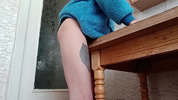 Skinny Brunette Rubs Her Pussy On The Table In The Kitchen