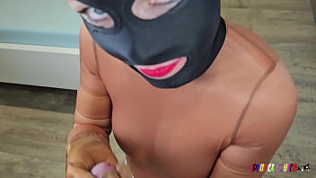 Spandexqueen Comes Twice In Her Nude Nylon Lace Body Shorts And Swallows His Cum