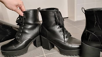 Changing The Chunky Platform High Heel Boots While Wearing Shiny Latex - Asmr