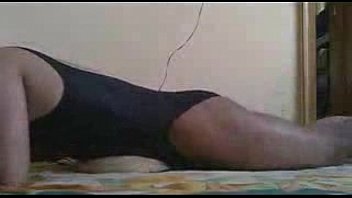 Horny Boy In Black One Piece Swimming Costume And Masturbating With Horn Sound