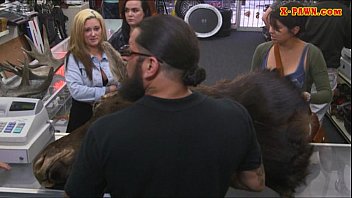 Blonde Fucked In The Pawnshop While Making Out With Lesbian